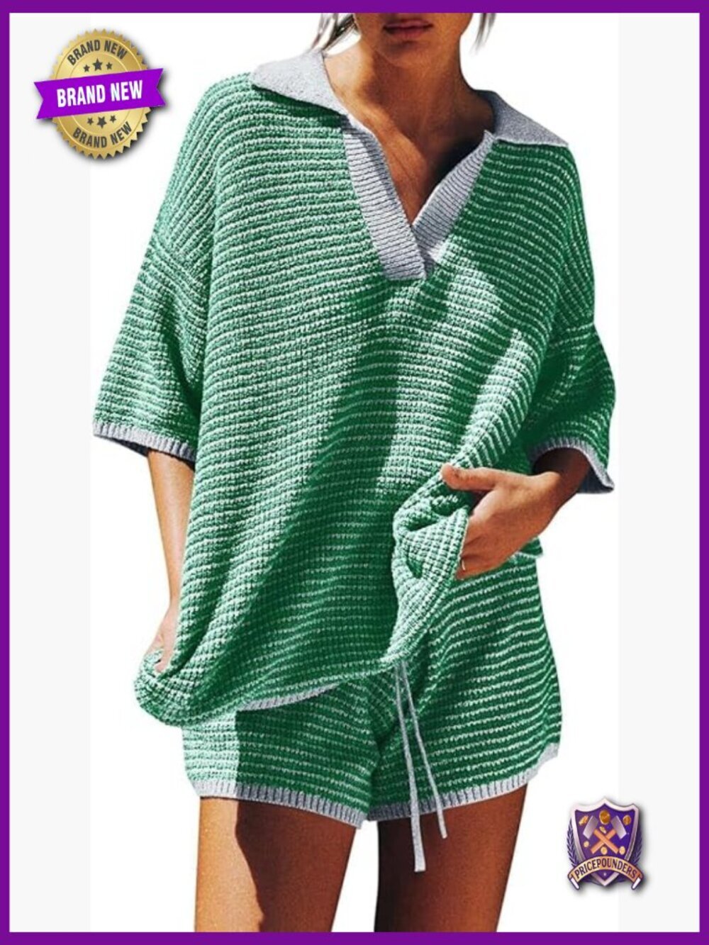 Womens Oversized 3/4 Sleeve V Neck Knit Top & High Waisted Shorts Lounge Set